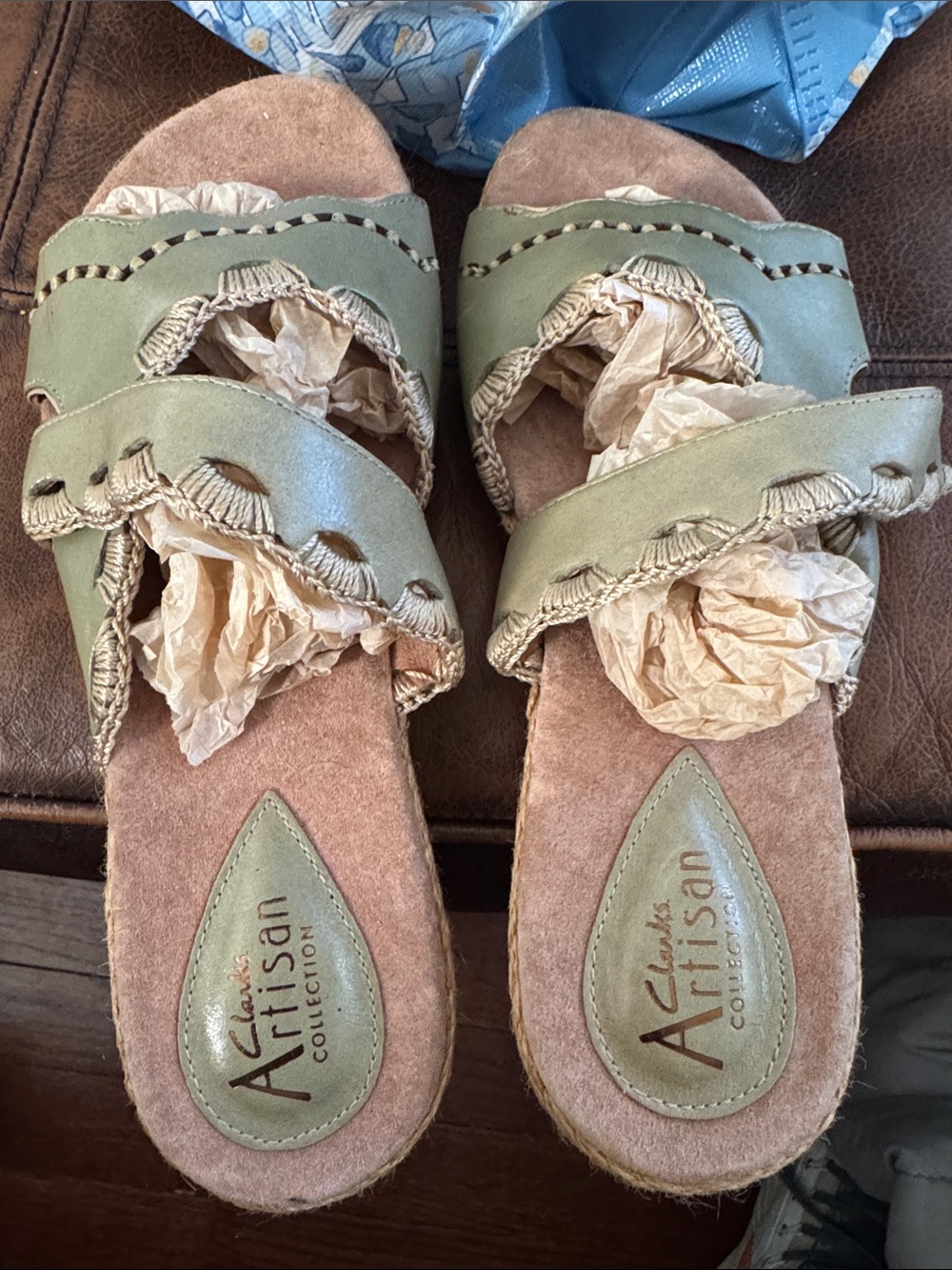 Clarks Artisan Sage Green Scalloped Leather Slide Sandals